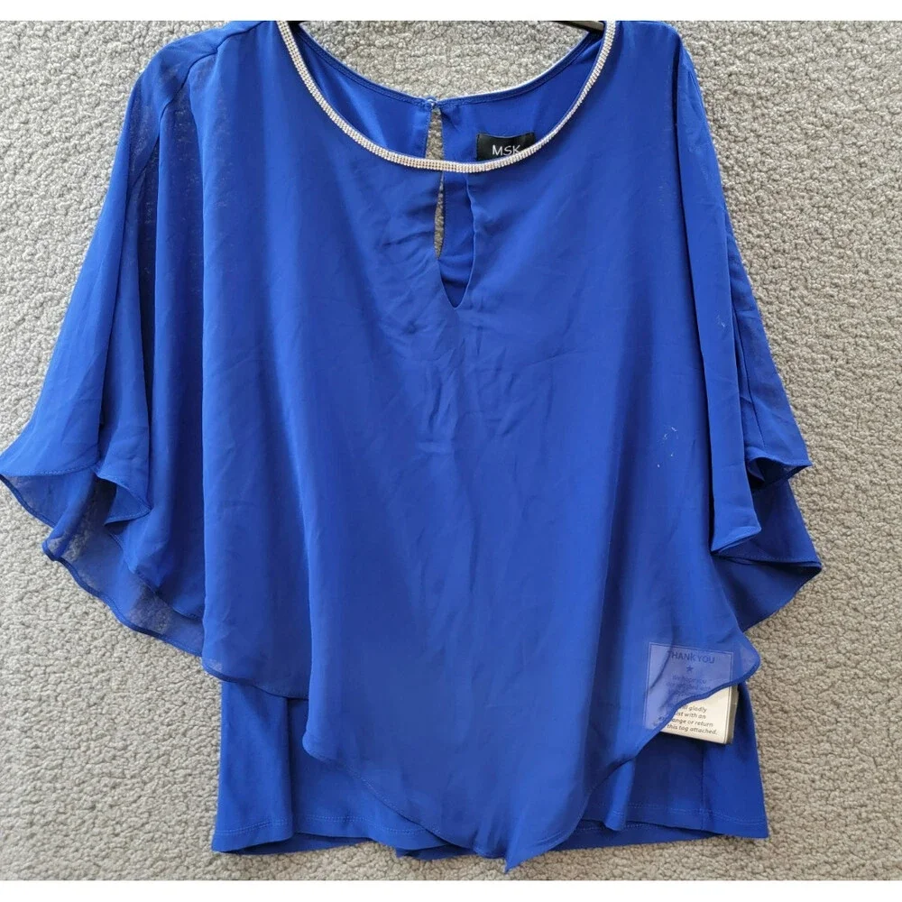 MSK Embellished Overlay Top Women's XL Goddess Blue Solid Scoop Neck Button Back - Picture 2 of 14